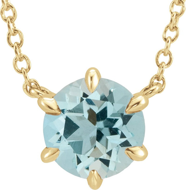 14K Gold Round Natural Aquamarine Solitaire Necklace - Yellow Gold
