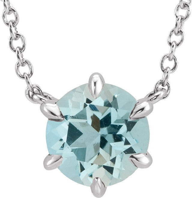 14K Gold Round Natural Aquamarine Solitaire Necklace II - White Gold