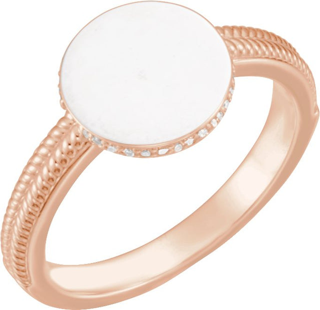 14K Gold Natural Diamond Round Signet Ring - Rose Gold