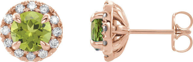 14K Gold Round Natural Peridot French-Set Halo-Style Earrings - Rose Gold