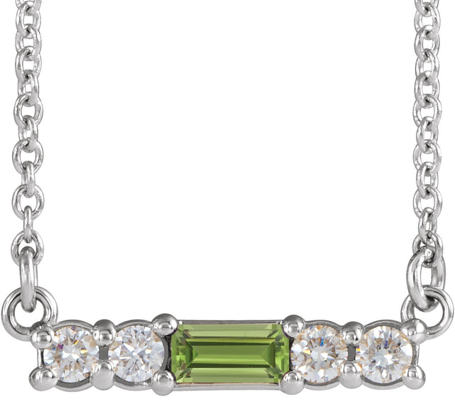 Platinum Straight Baguette Natural Peridot Accented Bar Necklace – 1/8 CTW