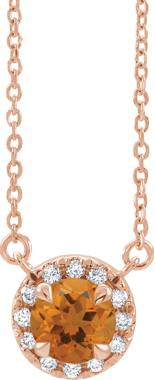 14K Gold Round Natural Citrine Natural Diamond French-Set Halo-Style Necklace - Rose Gold