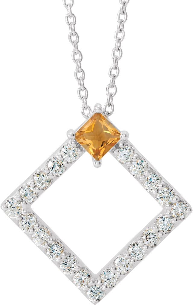 Platinum Square Natural Citrine Accented Geometric Necklace or Pendant