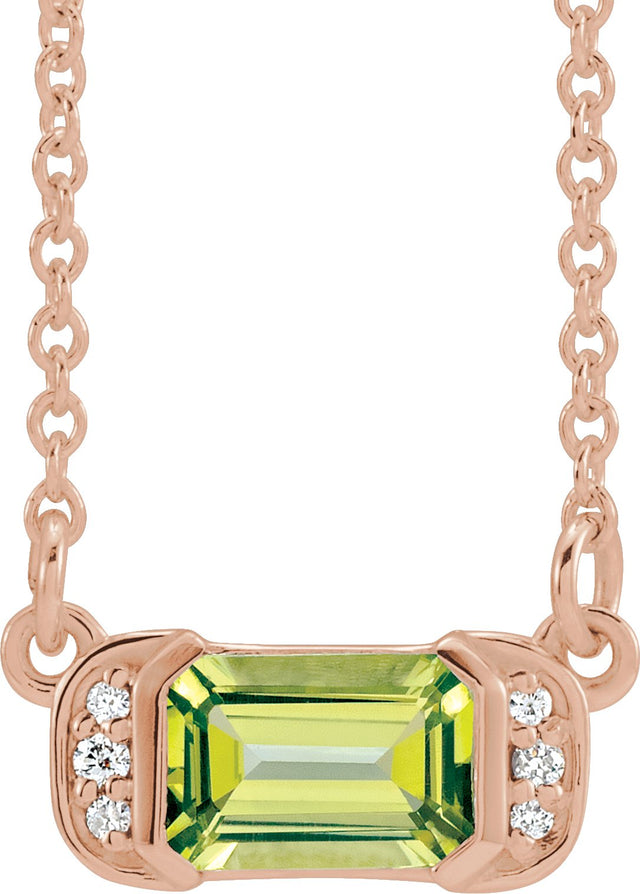 14K Gold Emerald Natural Peridot Accented Bar Necklace - Rose Gold