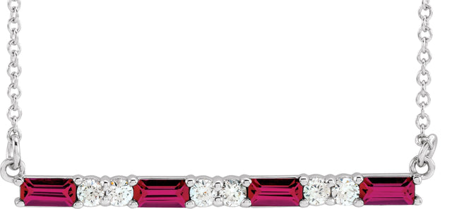 14K Gold Straight Baguette Lab-Grown Ruby Accented Bar Necklace - White Gold