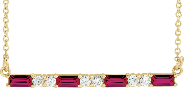 14K Gold Straight Baguette Lab-Grown Ruby Accented Bar Necklace - Yellow Gold