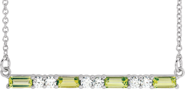 Platinum Straight Baguette Natural Peridot Accented Bar Necklace