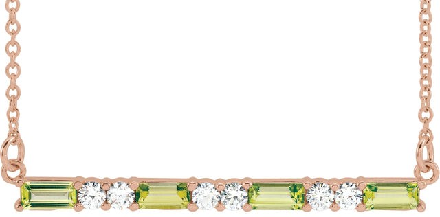 14K Gold Straight Baguette Natural Peridot Accented Bar Necklace - Rose Gold
