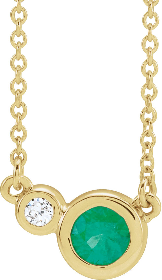 14K Gold Round Natural Emerald Accented Bezel-Set Necklace - Yellow Gold