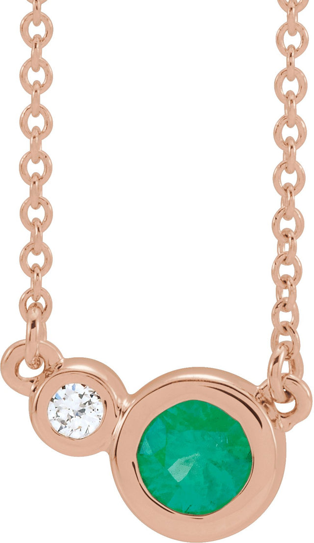 14K Gold Round Natural Emerald Accented Bezel-Set Necklace - Rose Gold
