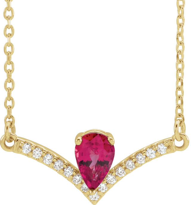 14K Gold Pear Lab-Grown Ruby Accented V Necklace - Yellow Gold