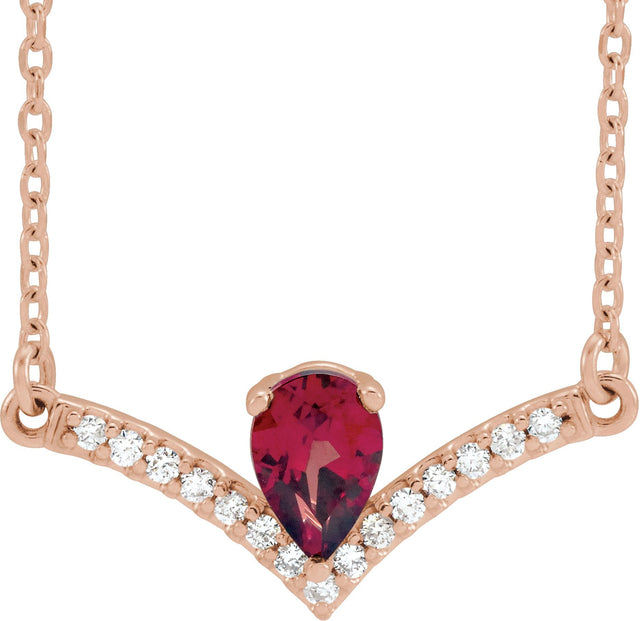 14K Gold Pear Natural Mozambique Garnet Accented V Necklace - Rose Gold