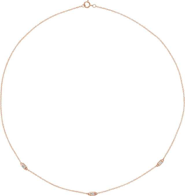 14K Gold Straight Baguette Natural Diamond Baguette Station Necklace - Rose Gold