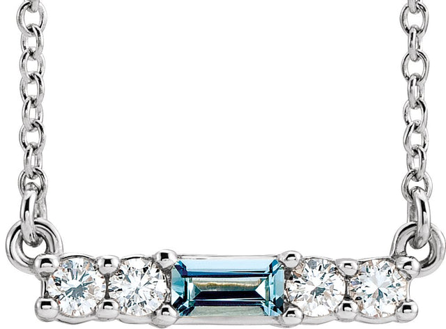 Platinum Straight Baguette Natural Aquamarine Accented Bar Necklace – 1/8 CTW