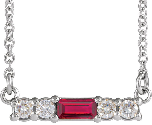 Platinum Straight Baguette Natural Ruby Accented Bar Necklace – 1/8 CTW