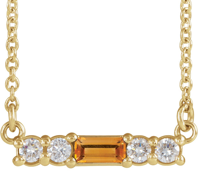 14K Gold Straight Baguette Natural Citrine Accented Bar Necklace – 1/8 CTW - Yellow Gold
