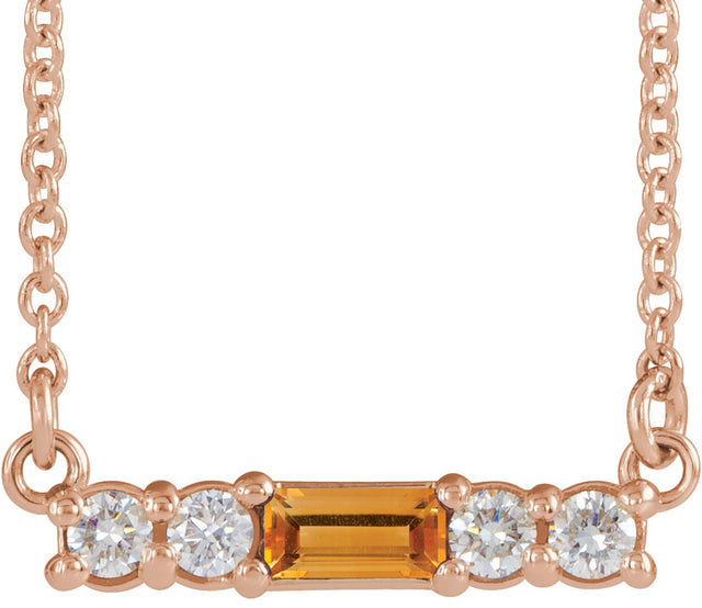 14K Gold Straight Baguette Natural Citrine Accented Bar Necklace – 1/8 CTW - Rose Gold