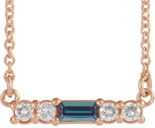 14K Gold Straight Baguette Lab-Grown Alexandrite Accented Bar Necklace – 1/8 CTW - Rose Gold