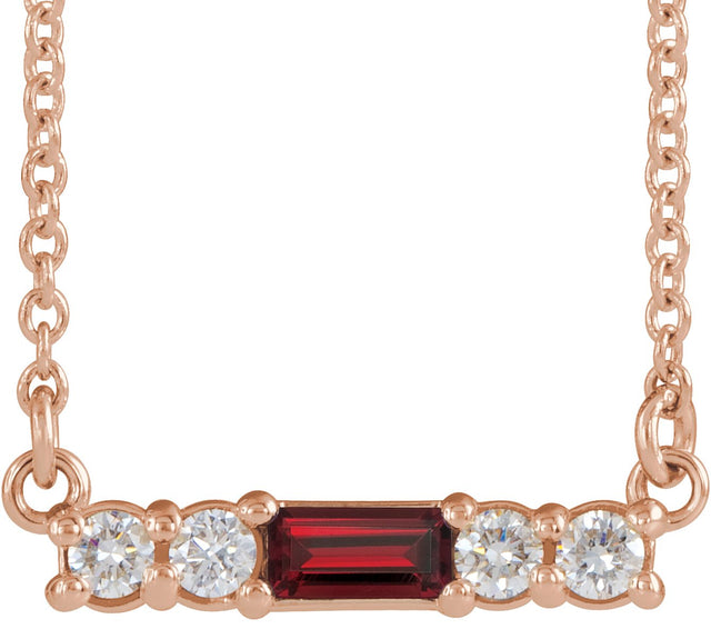 14K Gold Straight Baguette Natural Mozambique Garnet Accented Bar Necklace – 1/8 CTW - Rose Gold