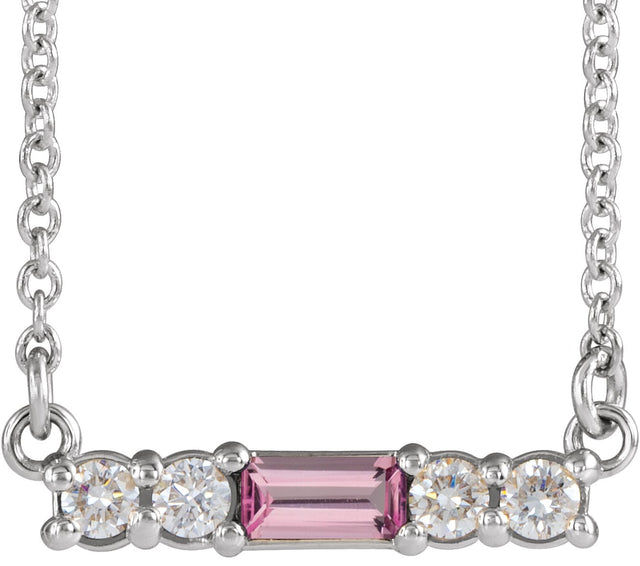Platinum Straight Baguette Natural Pink Tourmaline Accented Bar Necklace – 1/8 CTW