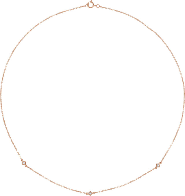 14K Gold Square Natural Diamond Bezel-Set Station Necklace - Rose Gold