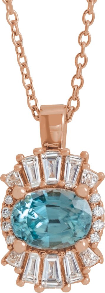 14K Gold Oval Natural Blue Zircon Halo-Style Necklace or Pendant - Rose Gold