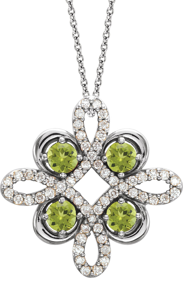 14K Gold Round Natural Peridot Clover Necklace or Pendant - White Gold