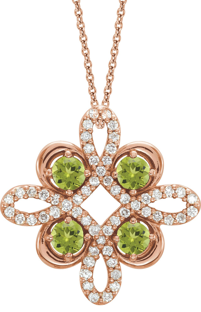 14K Gold Round Natural Peridot Clover Necklace or Pendant - Rose Gold