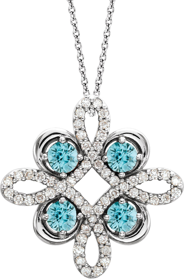 14K Gold Round Natural Blue Zircon Clover Necklace or Pendant - White Gold
