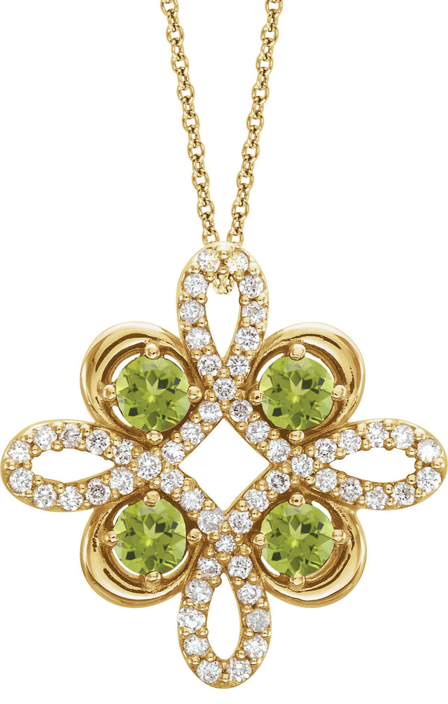 14K Gold Round Natural Peridot Clover Necklace or Pendant - Yellow Gold