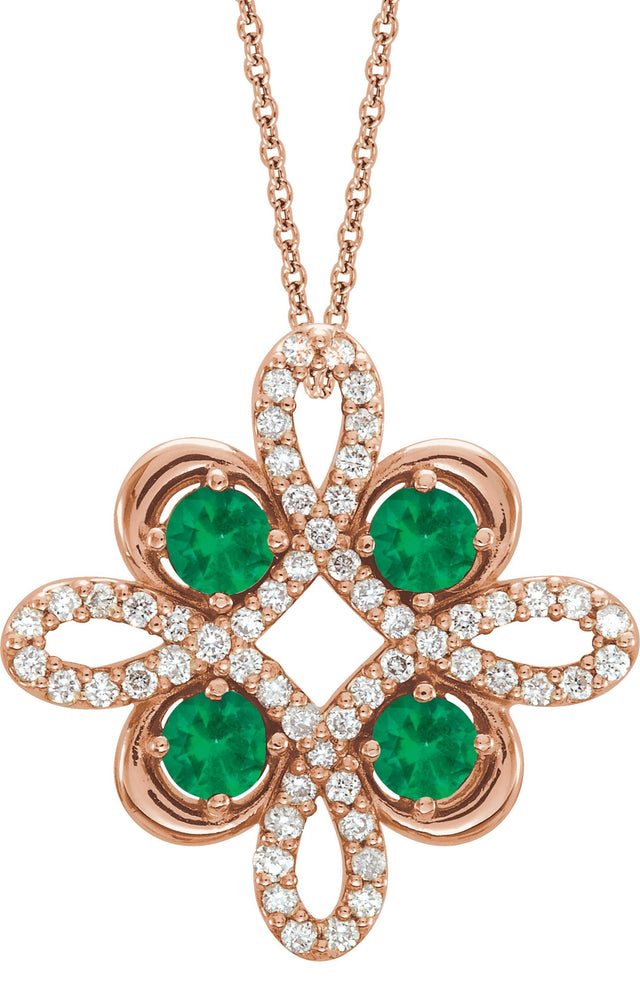 14K Gold Round Natural Emerald Clover Necklace or Pendant - Rose Gold