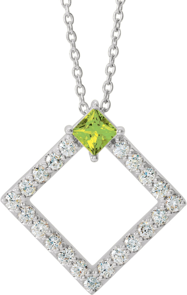 Platinum Square Natural Peridot Accented Geometric Necklace or Pendant