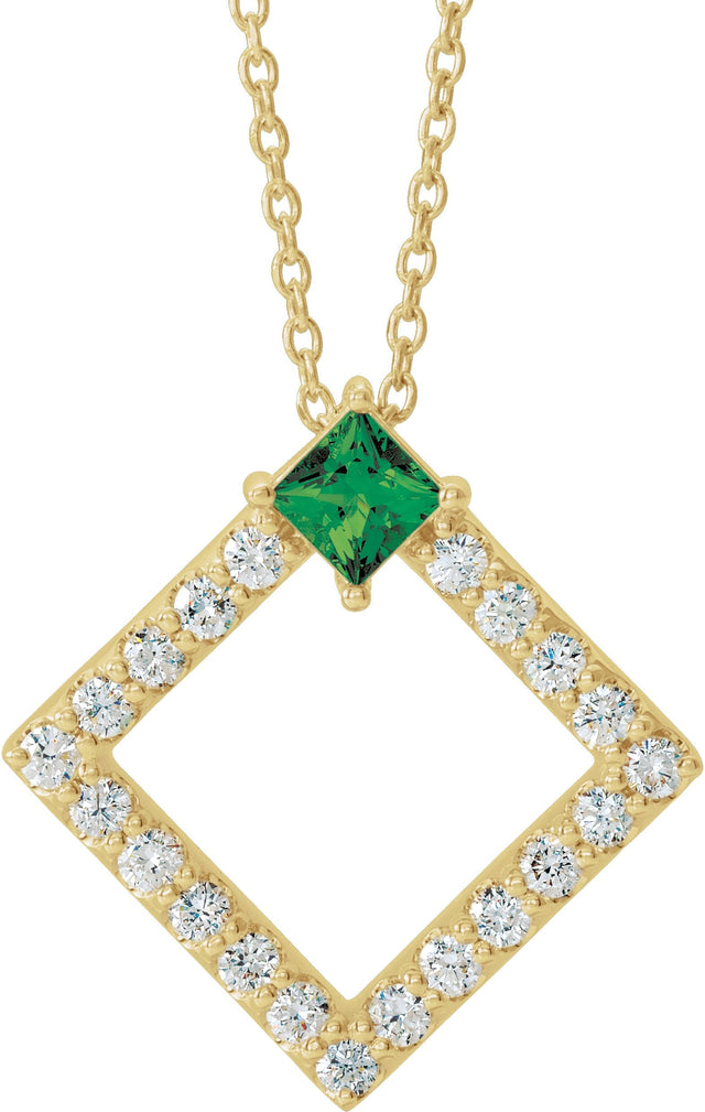 14K Gold Square Natural Emerald Accented Geometric Necklace or Pendant - Yellow Gold