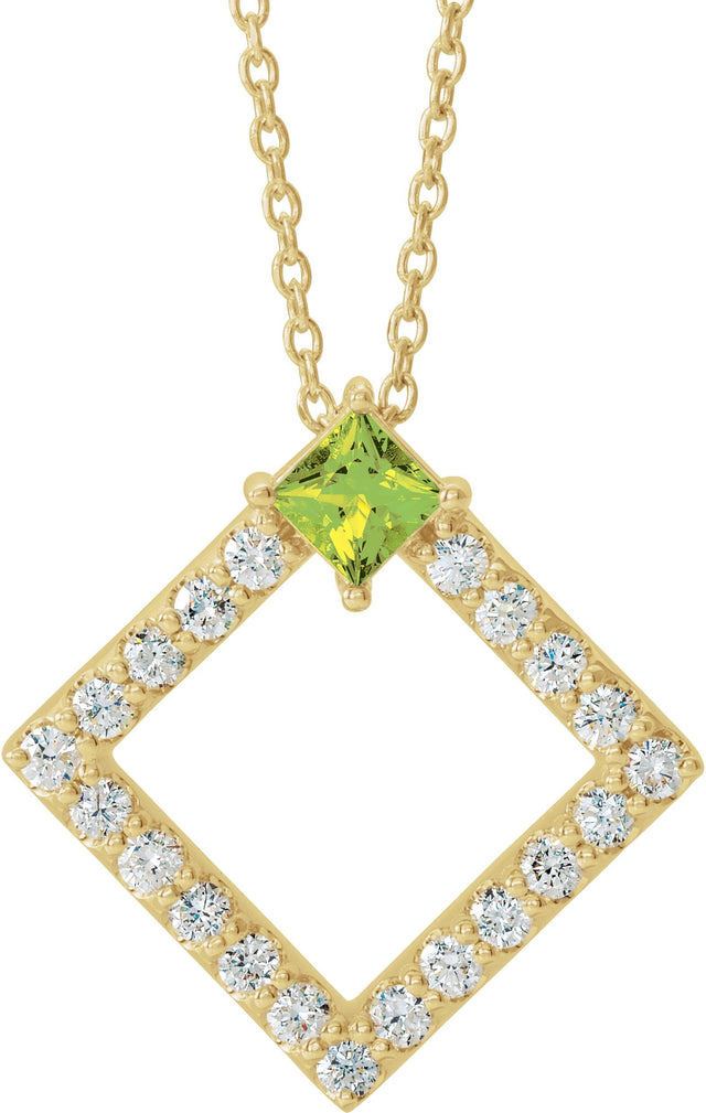 14K Gold Square Natural Peridot Accented Geometric Necklace or Pendant - Yellow Gold