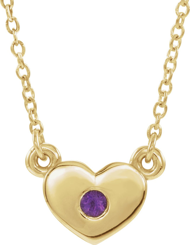 14K Gold Round Natural Amethyst Heart Necklace - Yellow Gold