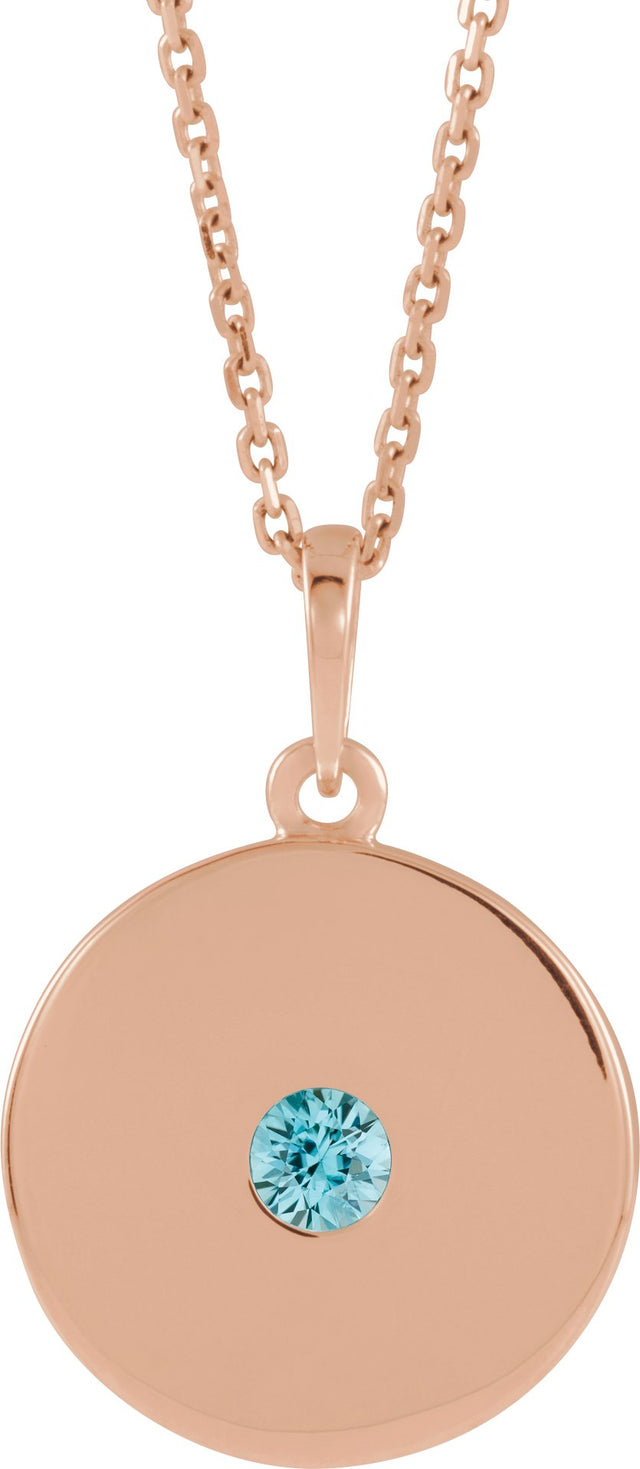14K Gold Round Natural Blue Zircon Disc Necklace or Pendant - Rose Gold