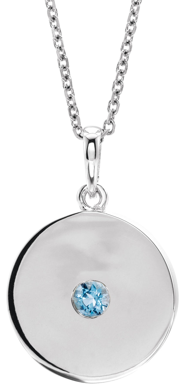 Platinum Round Natural Aquamarine Disc Necklace or Pendant