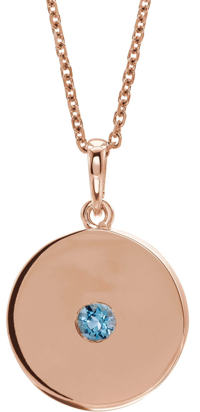 14K Gold Round Natural Aquamarine Disc Necklace or Pendant - Rose Gold