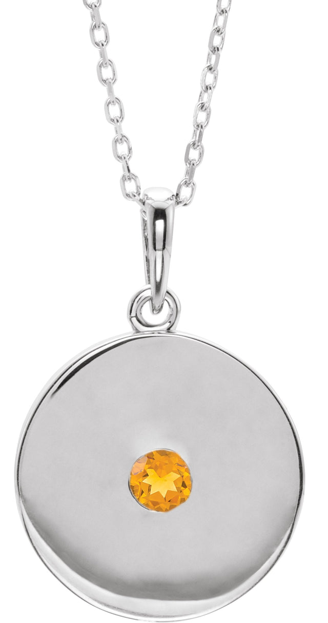 Platinum Round Natural Citrine Disc Necklace or Pendant