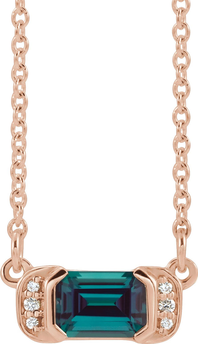 14K Gold Emerald Lab-Grown Alexandrite Accented Bar Necklace - Rose Gold