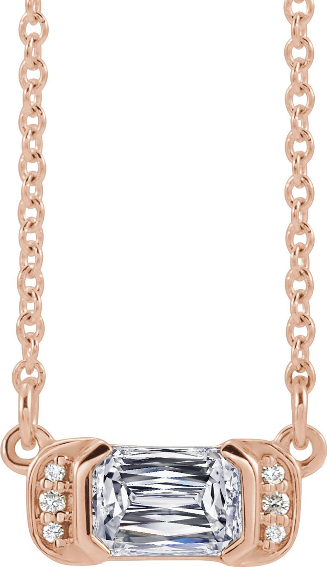 14K Gold Emerald Natural Diamond Accented Bar Necklace - Rose Gold