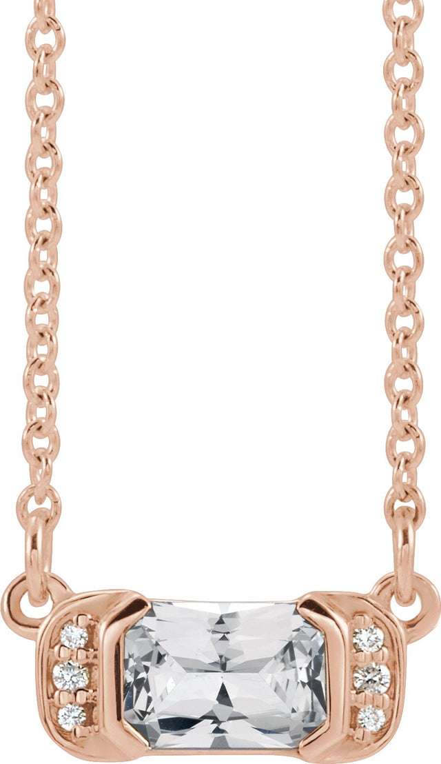 14K Gold Emerald Natural White Sapphire Accented Bar Necklace - Rose Gold