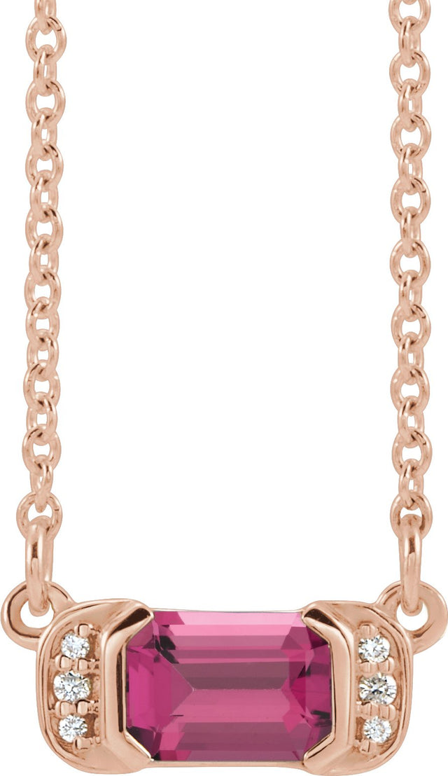 14K Gold Emerald Natural Pink Tourmaline Accented Bar Necklace - Rose Gold
