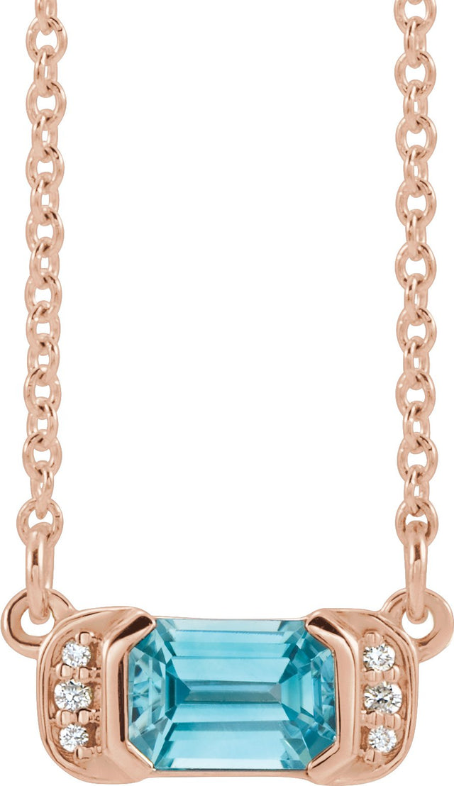 14K Gold Emerald Natural Blue Zircon Accented Bar Necklace - Rose Gold