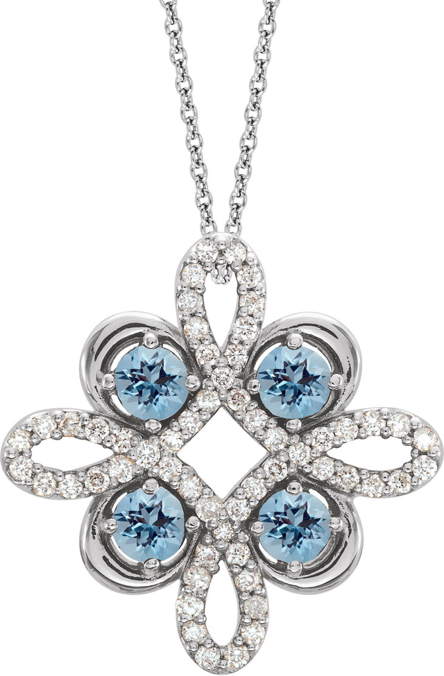 14K Gold Round Natural Aquamarine Clover Necklace or Pendant - White Gold