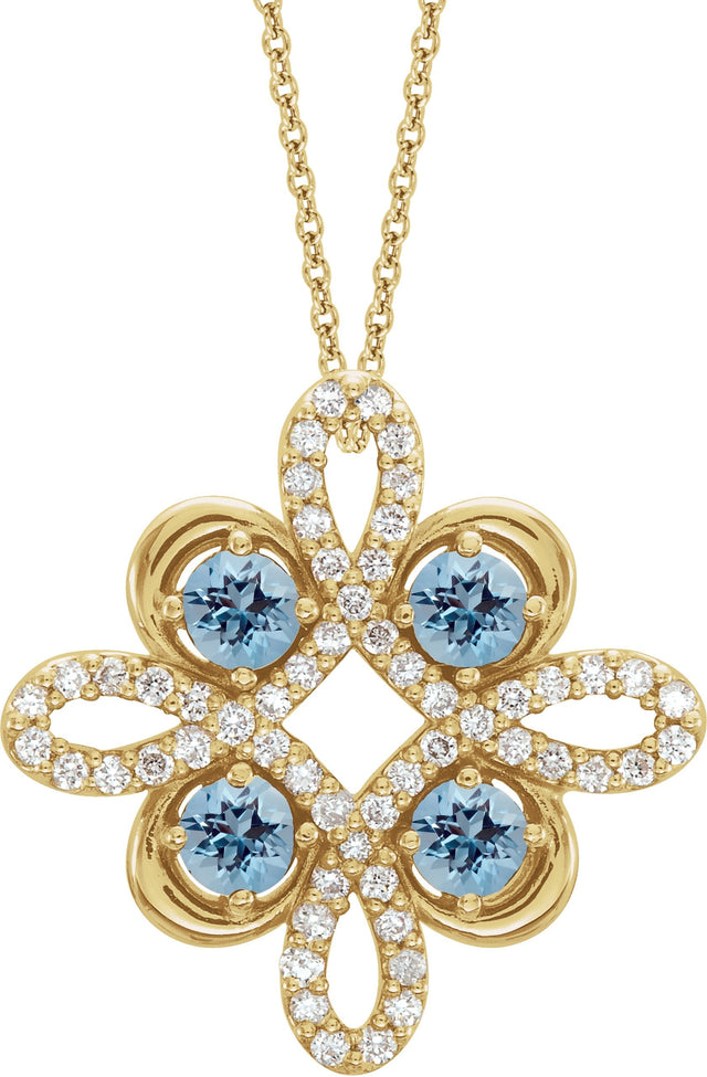 14K Gold Round Natural Aquamarine Clover Necklace or Pendant - Yellow Gold
