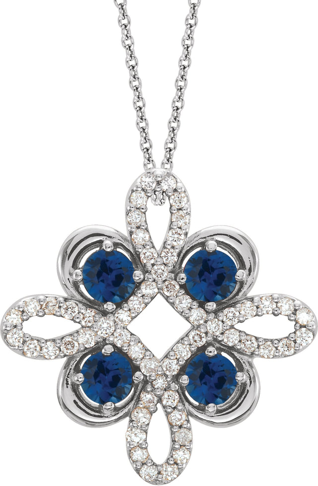 14K Gold Round Natural Blue Sapphire Clover Necklace or Pendant - White Gold