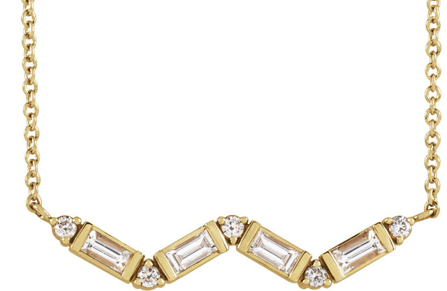14K Gold Straight Baguette Natural Diamond Accented Baguette Bar Necklace - Yellow Gold