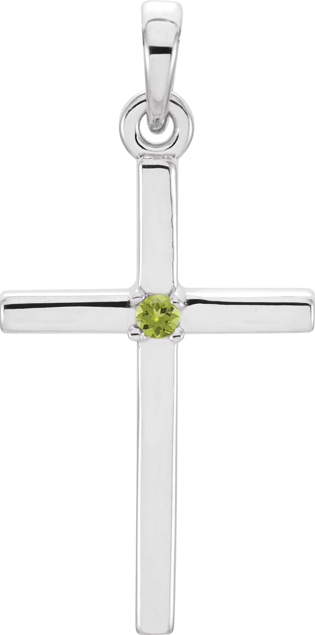 14K Gold Round Natural Peridot Birthstone Cross Pendant - White Gold