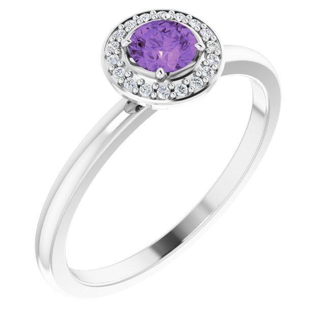 Platinum Round Natural Amethyst Halo-Style Ring